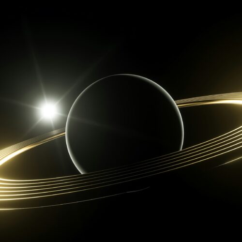 Bright luminous planet with rings on the outer space. Science fiction concept.