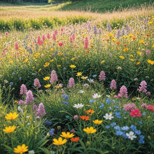 A vibrant field of wildflowers in full bloom with a lush green forest in the background.